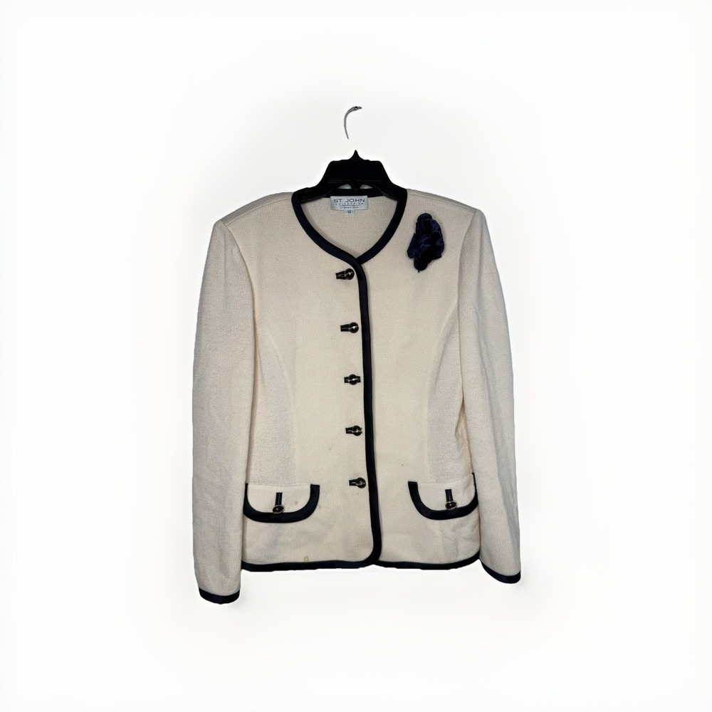 St. John Collection Marie Gray Cream Black Trim Button‎ Blazer Women's Size 12